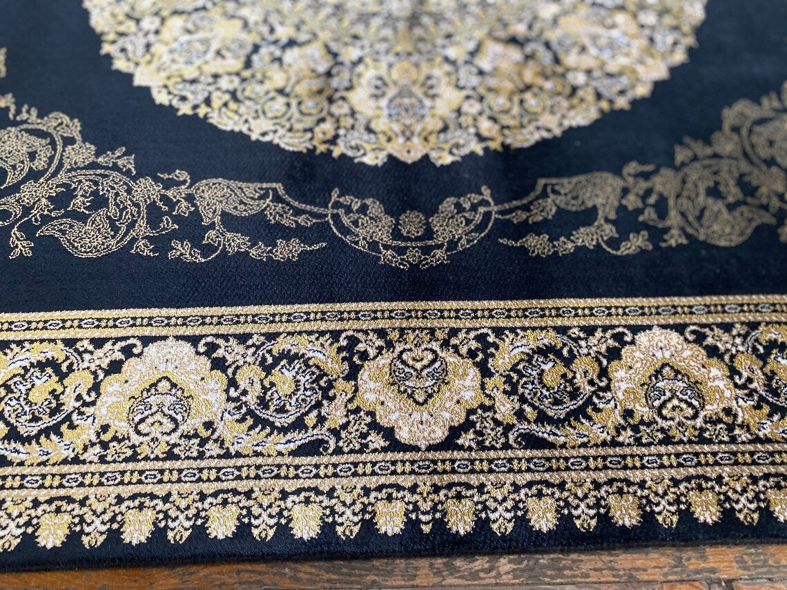 Black Medallion Turkish Silk Carpet  3x5ft